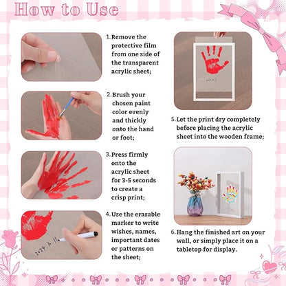 DIY Hand Footprint Art Craft Kit for New Parents Wooden Frame Family Handprint Kit with 6 Baby Safe Colors Paints Family Hands Down Keepsake Gifts for Mother's Day Father's Day Home Handprint Decor
