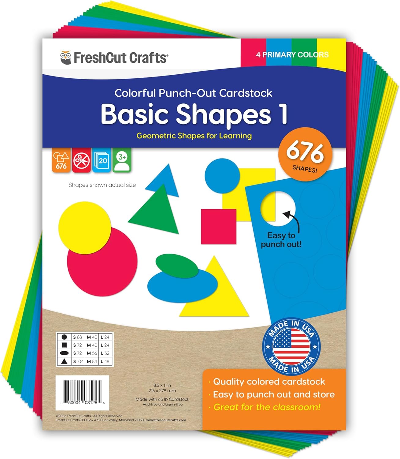 Basic Shapes 1: Circles, Triangles, Squares, Ovals, 676 Pieces US Made Card Stock Punch Out Geometric Shapes in 3 Sizes and 4 PRIMARY Colors for Math, Pattern Play and DIY Crafting - Crafty Corner