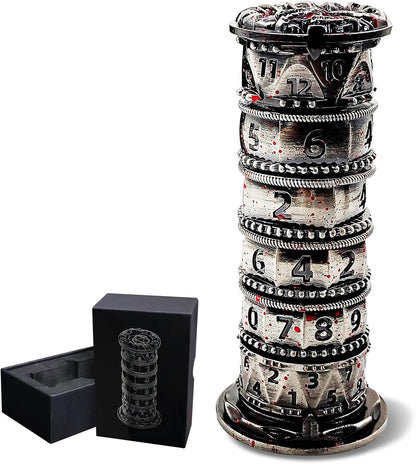 DND Dice Spinner Tower Set - Unique D4 D6 D8 D10 D10% D12 D20 All in One D&D Metal Dice - Cool Role Playing Gifts for Dungeons and Dragons TRPG MTG Games Lover Players (Tower-Bloodstained)