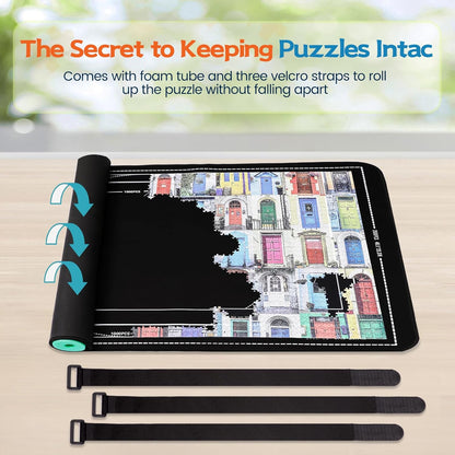 Jigsaw Puzzle Mat Roll Up, Portable Saver Pad 43” x 26” Up to 1500 Pieces, Puzzles Matt Rollup with Non-Slip Rubber Bottom & Smooth Top. (6 Puzzle Sorting Trays & 1 Storage Bag)