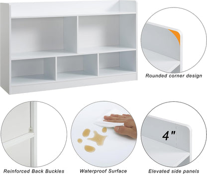Kids Toy Storage Organizer, 5-Section Bookshelf for Organizing Books Toys, Wooden Storage Cabinet Daycare Furniture for School, Classroom Playroom, Nursery, Kindergarten (White)