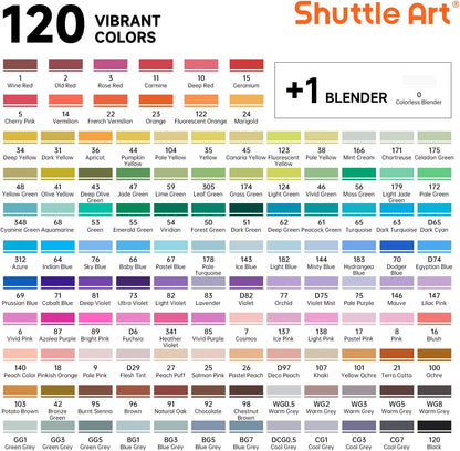Shuttle Art 121 Colors Alcohol Markers, 120 Colors Dual Tip Art Marker Set Plus 1 Colorless Blender with Marker Case Perfect for Illustration Students Adult Coloring Sketching