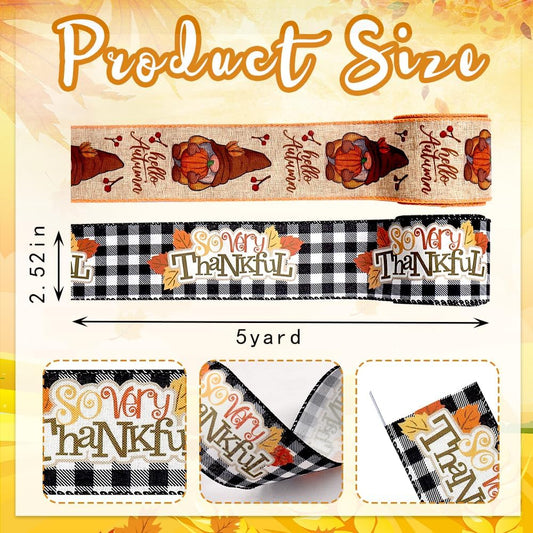 Threetols 2 Rolls 10 Yards Fall Wired Edge Ribbons, 2.5inch Black White Plaid Burlap Ribbon, Autumn Leaves Gnomes Pumpkin Ribbon for Thanksgiving Party DIY Craft Fall Wreath Bow Decor - Crafty Corner