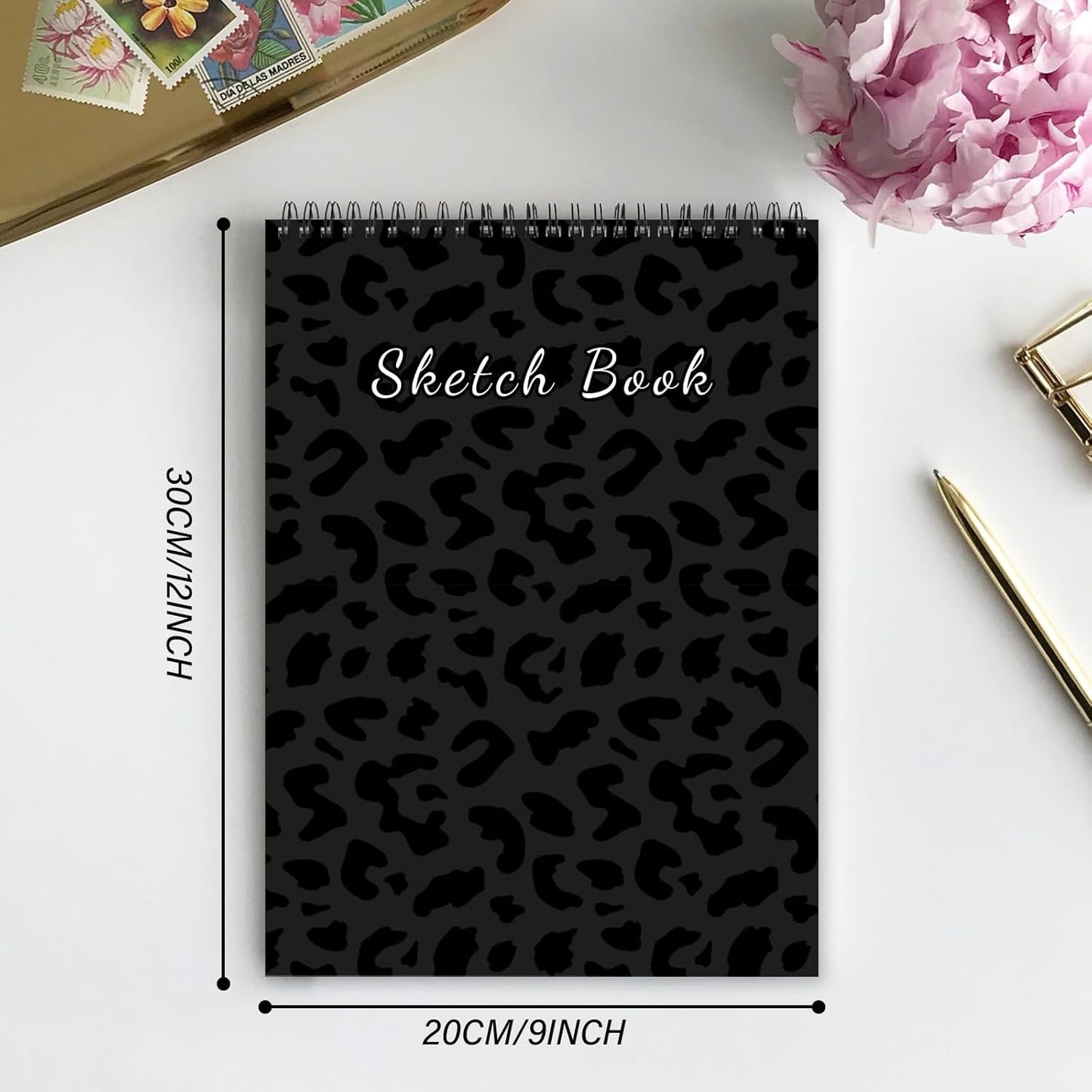 Deokke Sketchbook Top Spiral Bound Sketch Pad, 9 x 12 inch,100GSM Thick Paper,50 Sheets 100 Pages,Art Sketch Book Aesthetic Cute Drawing Writing Paper,for Girls Women-Black Leopard Cheetah Pattern