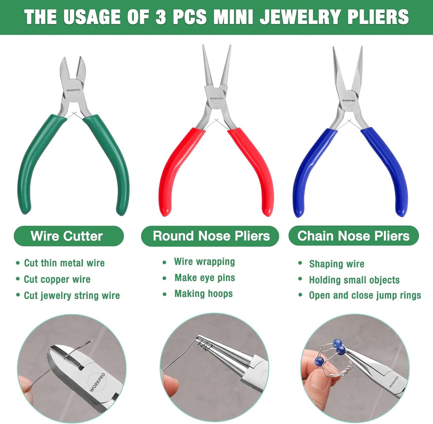 WORKPRO Jewelry Pliers Set, 3 Pack Jewelry Making Tool Kit- Needle Nose Plier/Chain Nose Plier, Round Nose Plier and Wire Cutter for Charm Bracelet, Jewelry Repair, DIY Crafts, Jewelry Making Supplies - Crafty Corner