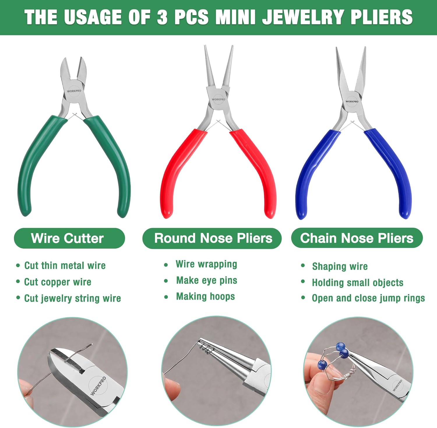WORKPRO Jewelry Pliers Set, 3 Pack Jewelry Making Tool Kit- Needle Nose Plier/Chain Nose Plier, Round Nose Plier and Wire Cutter for Charm Bracelet, Jewelry Repair, DIY Crafts, Jewelry Making Supplies - Crafty Corner
