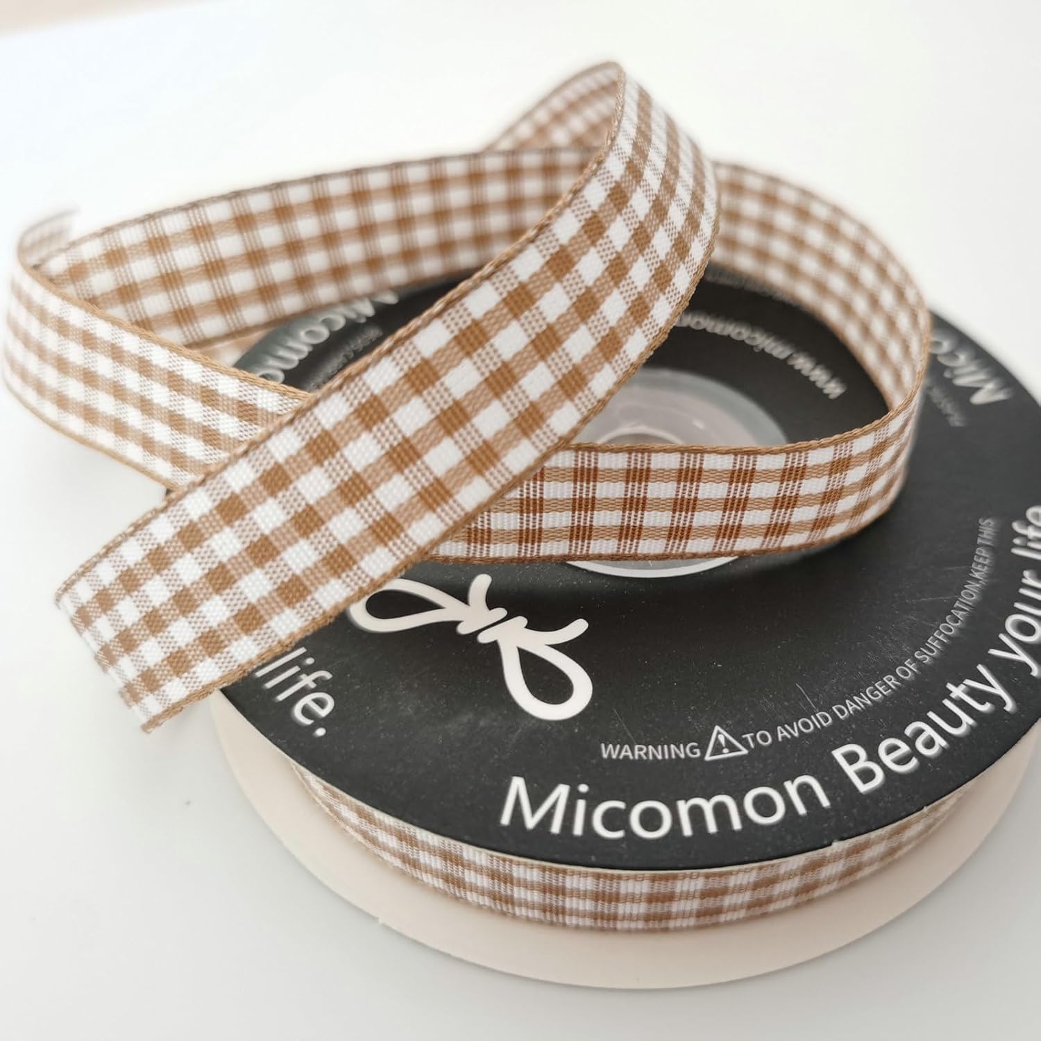 Micomon Khaki and White Woven Edge Plaid Ribbon 100% Polyester Gingham Ribbon 25 Yards Each Roll (5/8"Khaki) - Crafty Corner