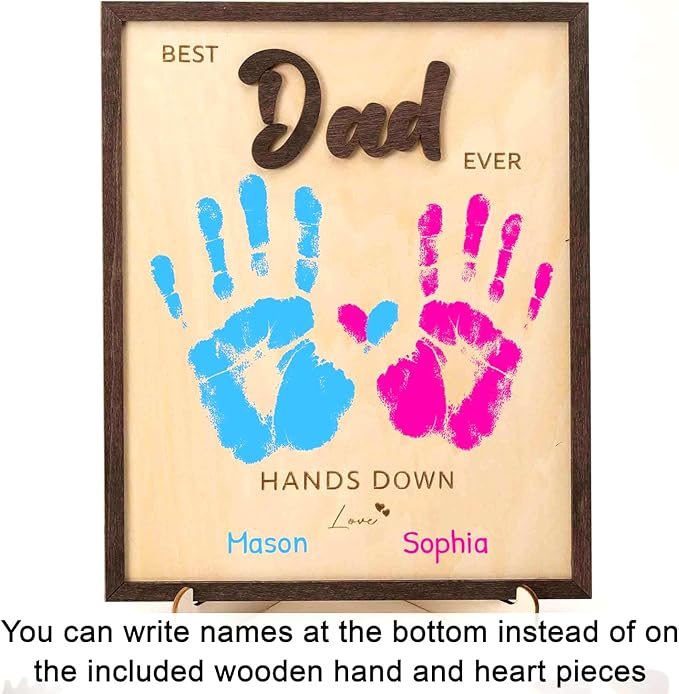 Best Dad Ever Hands Down Sign Wooden Handprint Frame DIY Gifts, Fathers Day Personalized Gifts from Kids, Daughter, Son - Fathers Day Handprint Gift, Custom Birthday Gift for New Dad, Stepdad, Grandpa