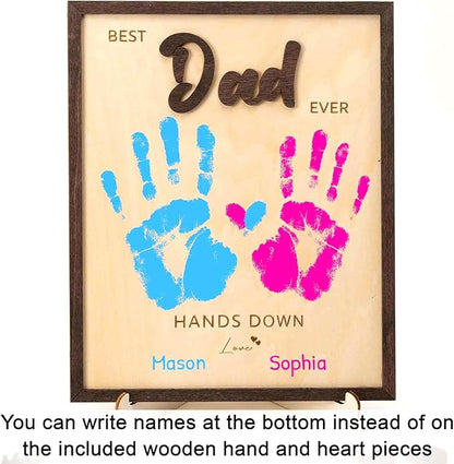 Best Dad Ever Hands Down Sign Wooden Handprint Frame DIY Gifts, Fathers Day Personalized Gifts from Kids, Daughter, Son - Fathers Day Handprint Gift, Custom Birthday Gift for New Dad, Stepdad, Grandpa