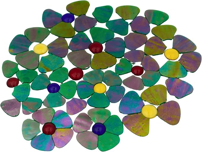 Yuvori Iridescent Flower Mosaic Tiles – 12pcs Mixed Sizes, 5-Petal Iridescent Mica Flowers with Center Beads for DIY Mosaic Art, Fairy Garden, Home Craft, Outdoor Decor (Iridescent Green)