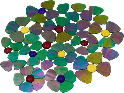 Yuvori Iridescent Flower Mosaic Tiles – 12pcs Mixed Sizes, 5-Petal Iridescent Mica Flowers with Center Beads for DIY Mosaic Art, Fairy Garden, Home Craft, Outdoor Decor (Iridescent Green)