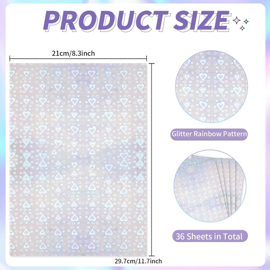 36 Sheets Holographic Sticker Paper,Holographic Laminate Sheets,A4 Size Clear Vinyl Sticker Sheets Self-Adhesive Rainbow Overlay Sheets,11.7 x 8.3 Inches(Heart)