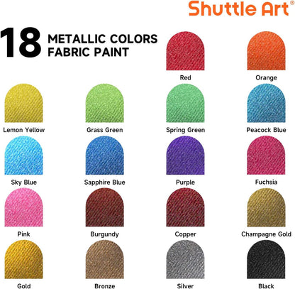 Metallic Fabric Paint, Shuttle Art 18 Metallic Colors Permanent Soft Fabric Paint in Bottles (60ml/2oz) with Brush and Stencils, Non-Toxic Textile Paint for T-shirts, Shoes, Jeans, Bags & DIY Projects