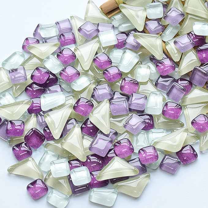 Irregular Size Glass Mosaics Pieces Stained Glass, Assorted Colors and Square Triangle Rectangle Shapes, 200g (Purple White Mix)