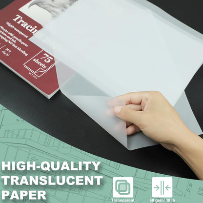 Tracing Paper 8.5x11 inch, 100 Sheets Transparent Vellum Paper for Tracing Pads, 38lb/60gsm Translucent Tracing Paper for Pencil, Marker and Ink，Trace Images, Sketch, Preliminary Drawing, Overlays.