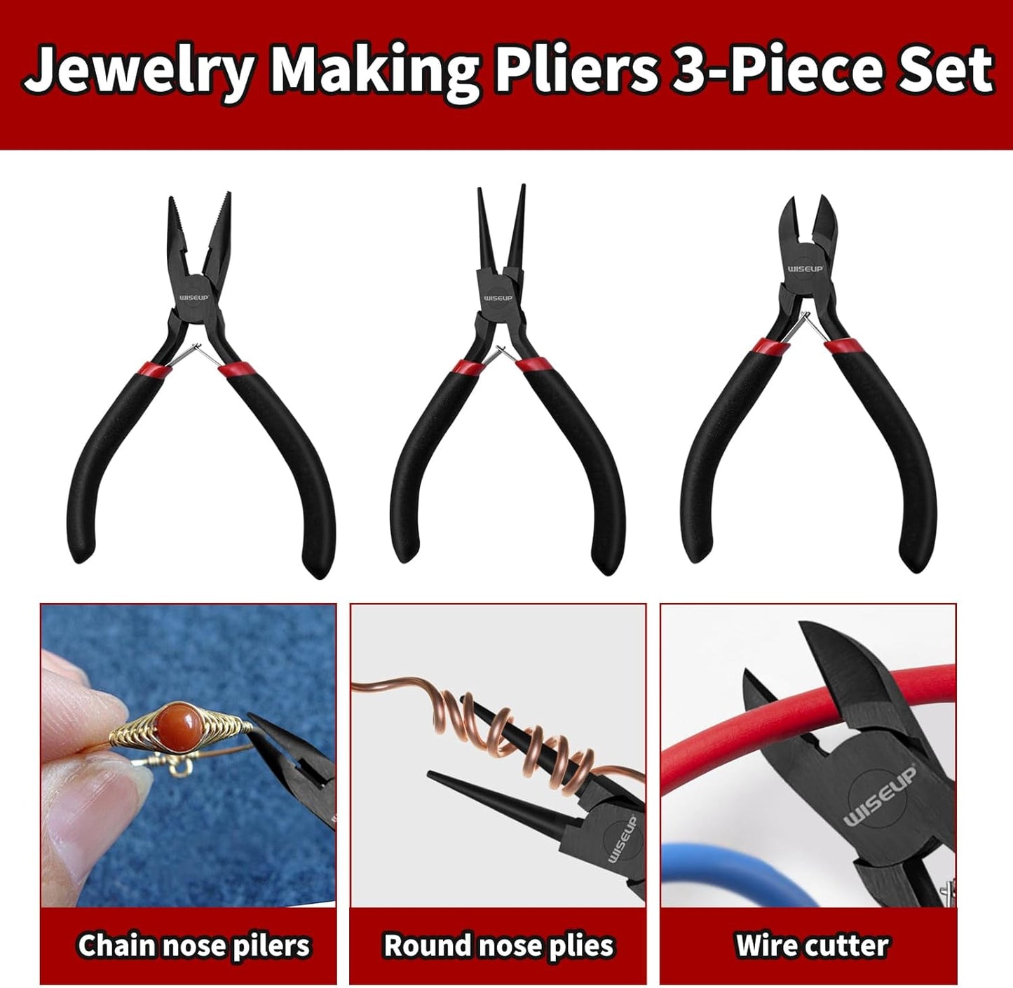 WISEUP 3 Pcs Jewelry Pliers Set - Needle/Chain Nose, Round Nose and Wire Cutters for Jewelry DIY Craft，Repair & Wire Wrapping - Crafty Corner