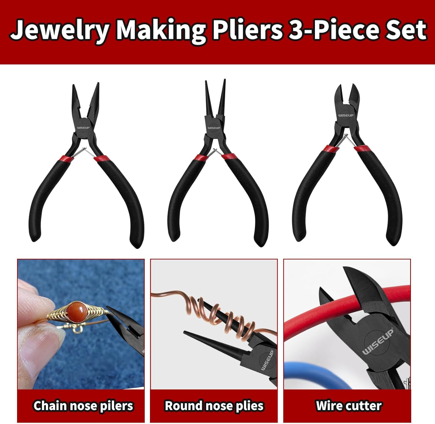 WISEUP 3 Pcs Jewelry Pliers Set - Needle/Chain Nose, Round Nose and Wire Cutters for Jewelry DIY Craft，Repair & Wire Wrapping - Crafty Corner