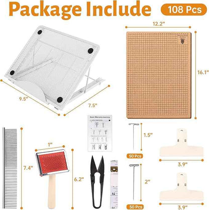 108 Pcs Macrame Board and Pins Kit, 12×16 Inch Wood Macrame Board and Metal Adjustable Holder for Braiding, Knotting and Bracelet Creating