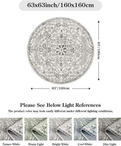 Lahome Round Rug 5'3"Ft, Soft Rugs for Living Room Machine Washable Rugs for Bedroom, Bohemian Medallion Non-Slip Non-Shedding Print Indoor Carpet for Entryway Bathroom Coffee Table, Beige