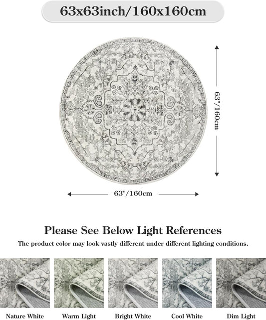 Lahome Round Rug 5'3"Ft, Soft Rugs for Living Room Machine Washable Rugs for Bedroom, Bohemian Medallion Non-Slip Non-Shedding Print Indoor Carpet for Entryway Bathroom Coffee Table, Beige