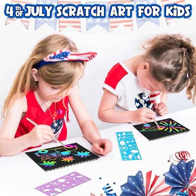Party Favors for Kids: 24 Pack 4th of July Rainbow Scratch Art Notebook Classroom Supplies Bulk for Girls Boys Goodie Bags Stuffers, Independence Day Party Gift Kid Crafts