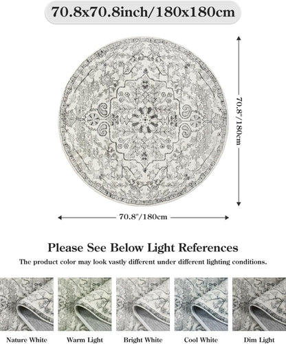 Lahome Bohemian Washable Round Rug, Large Round Rugs 6ft Non Slip Circle Rugs for Living Room, Soft Non Slip Non Shedding Printed Indoor Carpet for Dining Bedroom Kitchen Office, Beige