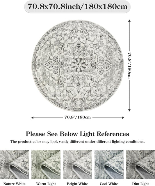 Lahome Bohemian Washable Round Rug, Large Round Rugs 6ft Non Slip Circle Rugs for Living Room, Soft Non Slip Non Shedding Printed Indoor Carpet for Dining Bedroom Kitchen Office, Beige