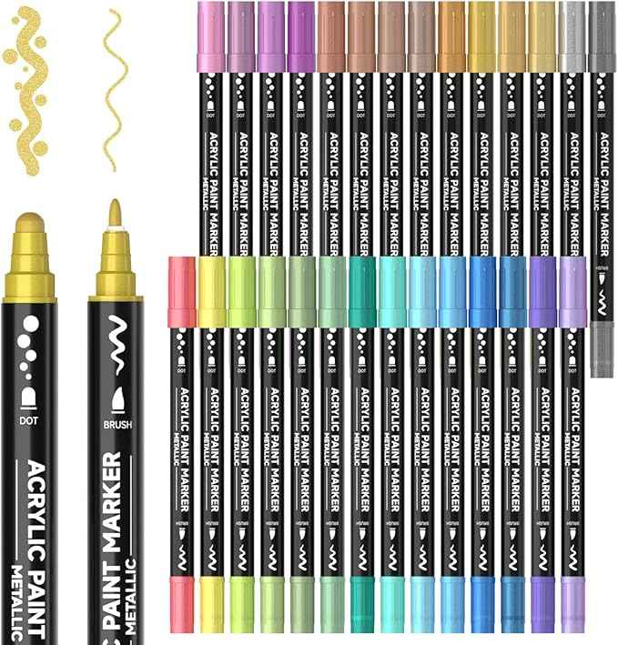 28 Metallic Colors Dual Tip Acrylic Paint Markers, Dot Tip and Fine Tip Acrylic Paint Pens for Rock, Ceramic, Wood, Canvas, Plastic, Glass, Stone, Calligraphy, Card Making, Crafts & Nail Art