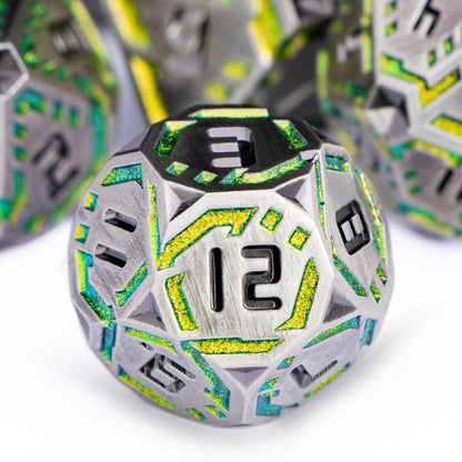 Metal DND Sci-fi Dice Set 7PCS Stripe Polyhedral Dice for Dungeons Dragons RPG Role Playing Game, Glitter D and D Dice with Gift Box D6 D8 D10 D12 D20 (Grey&Green Yellow)