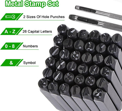 HARFINGTON 36pcs Metal Stamping Kit 1/8" (3mm) (A-Z, 0-8, "&" Symbol) Steel Letter Punch Press Tool with Hole Punch to Stamp on Metal, Plastic, Wood, Leather, Black