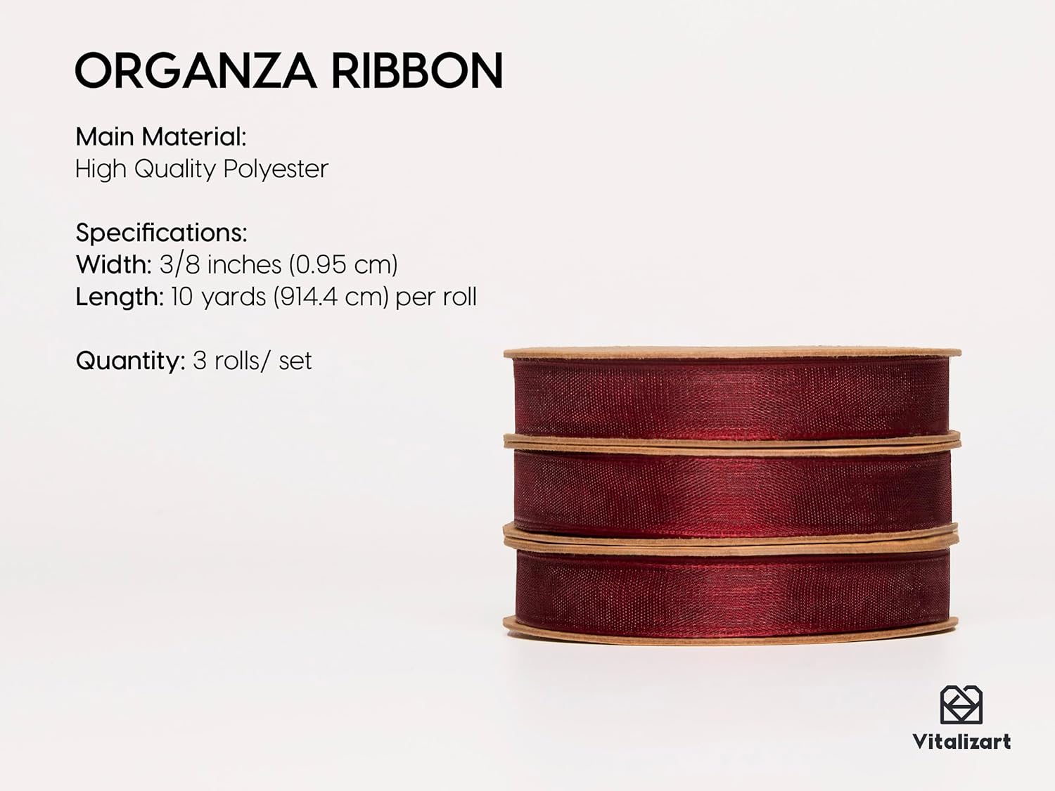 Vitalizart 3/8" x 30Yd Organza Ribbon Christmas Red Sheer Ribbons Set 10 Yd x 3 Rolls Handmade Eco-Friendly for Gift Wrapping Christmas Tree Crafts Bows Wedding Invitations Wreaths Wrap - Crafty Corner