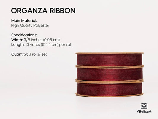 Vitalizart 3/8" x 30Yd Organza Ribbon Christmas Red Sheer Ribbons Set 10 Yd x 3 Rolls Handmade Eco-Friendly for Gift Wrapping Christmas Tree Crafts Bows Wedding Invitations Wreaths Wrap - Crafty Corner