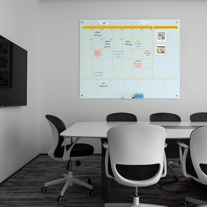 Magnetic Glass Whiteboard Calendar 48"x36" Glass Dry Erase Calender Board 36"x48" Monthly Plan White GlassBoard Wall Mounted for Office School Home (White)