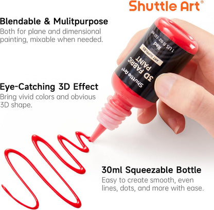 Shuttle Art Fabric Paint, 24 Colors 3D Permanent Paint with Brushes Palette Pen Fabric Sheet Stencils, Glow in The Dark, Glitter, Metallic Colors for Textile Fabric T-shirt Jeans Glass