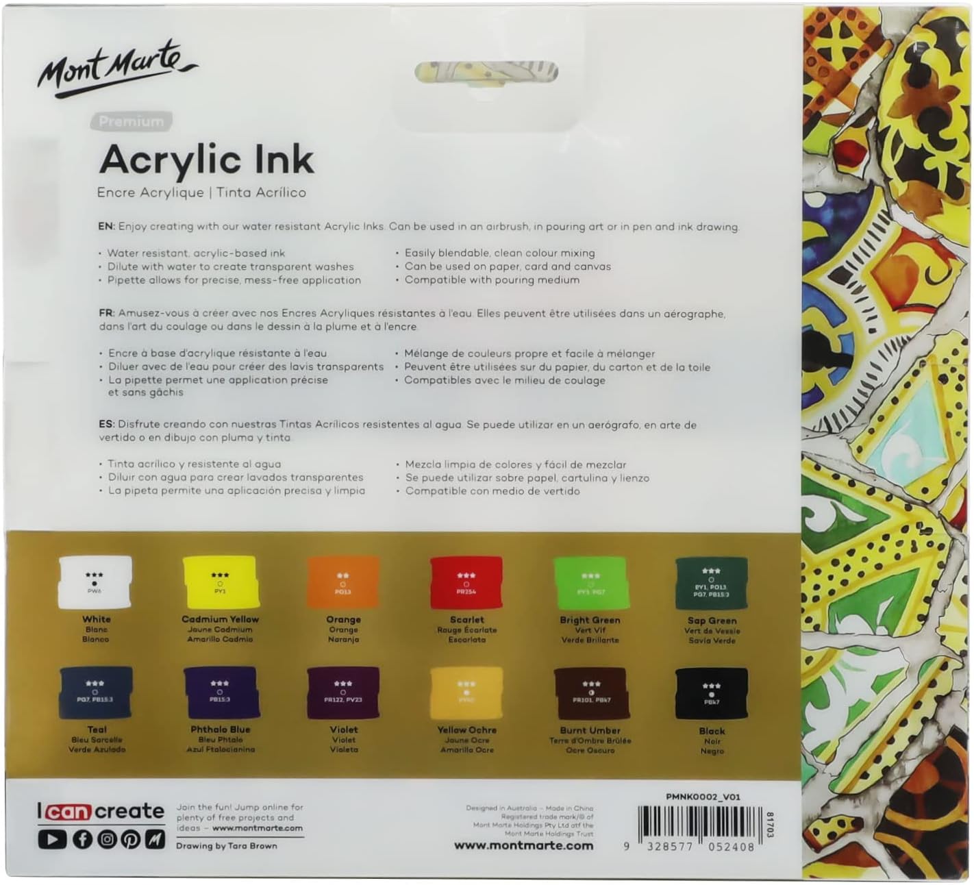 Mont Marte Acrylic Ink Premium 12pc x 20ml (0.7 US fl.oz), Acrylic Inks for Artists, Essential Colors, Ideal for Air Brush, Pouring Art, Scrapbooking, Ink Drawing, Mixed Media - Crafty Corner