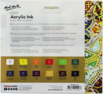 Mont Marte Acrylic Ink Premium 12pc x 20ml (0.7 US fl.oz), Acrylic Inks for Artists, Essential Colors, Ideal for Air Brush, Pouring Art, Scrapbooking, Ink Drawing, Mixed Media - Crafty Corner