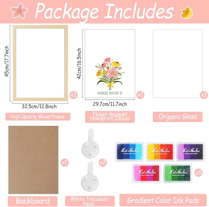 QOUBAI Flower Bouquet Handprint Art Craft DIY Kit Mother's Day Gifts from Daughter or Son Children Adults Handprint Keepsake for Mom Grandma Birthday Gifts Christmas (12X16in, with Wood Frame)