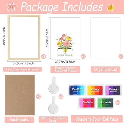QOUBAI Flower Bouquet Handprint Art Craft DIY Kit Mother's Day Gifts from Daughter or Son Children Adults Handprint Keepsake for Mom Grandma Birthday Gifts Christmas (12X16in, with Wood Frame)