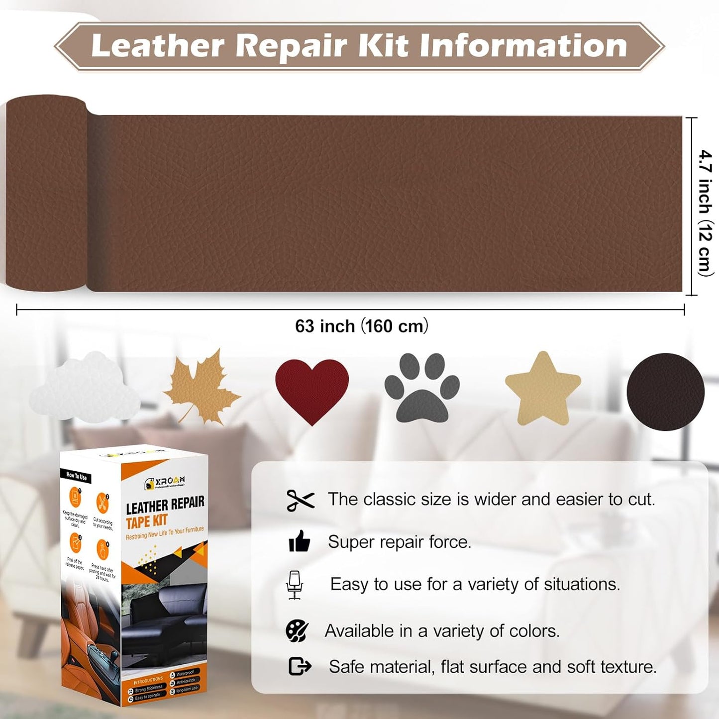 Leather Repair Tape, 4.7x63 inch Leather Patches for Furniture, Self Adhesive Leather Repair Patch for Sofas, Couches, Leather Covers, Seats, Chairs, Vinyl Repair Tape Beige