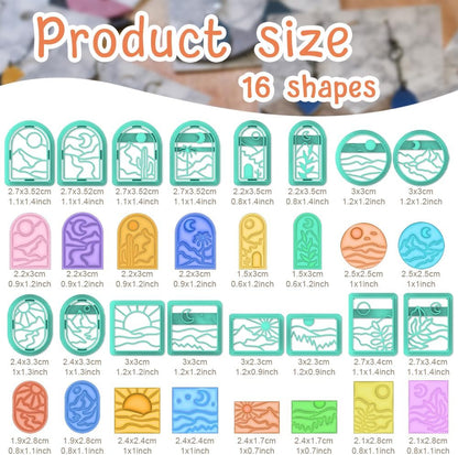 ACRNIGHEET Boho Clay Cutters - 16 Shapes Sun and Moon, Landscape Polymer Clay Cutters for Jewelry, Earring Making Kit With Storage Box