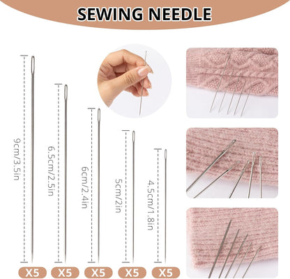 37 Pcs Big Eye Steel Sewing Needles Kit - Stainless Steel Needles for Hand Sewing Kit with Thread Ripper, Needle Threaders, Threads and Thimbles