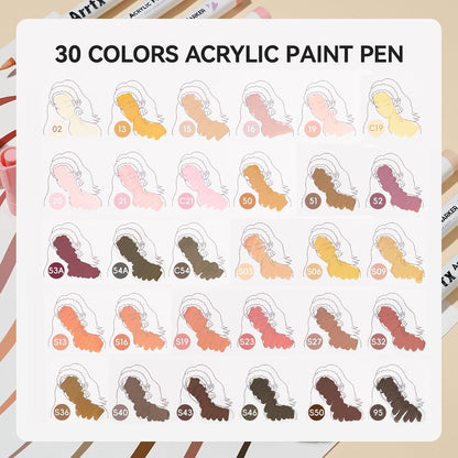 Arrtx 30 Colors Skin Color Acrylic Paint Pens, Skin Tone Paint Markers Paint Pens for Artists Adults Coloring Drawing Brush Tip for Rock Painting, Wood, Canvas, DIY Crafts Making Art Supplies