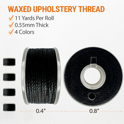 VONEEDL Heavy Duty Sewing Needles (11 PCS) & Waxed Thread (Black Color - 4 Rolls) - Upholstery Repair Kit for Leather, Canvas, Quilting & More