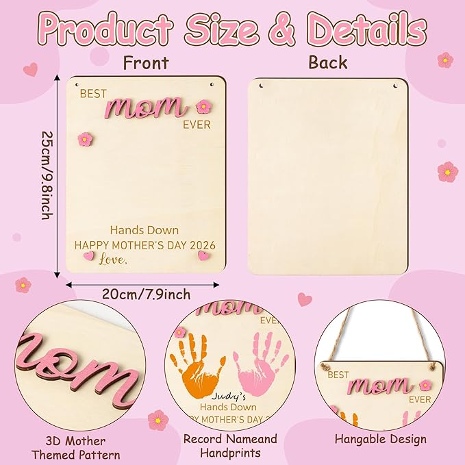R HORSE 3D Mother's Day Handprint Art Craft - Best Mom Ever Handprint Wooden Hanging Sign DIY Baby's First Mothers Day Birthday Handprint Making Sign for Mom Gift, Children Toddler Baby Keepsake