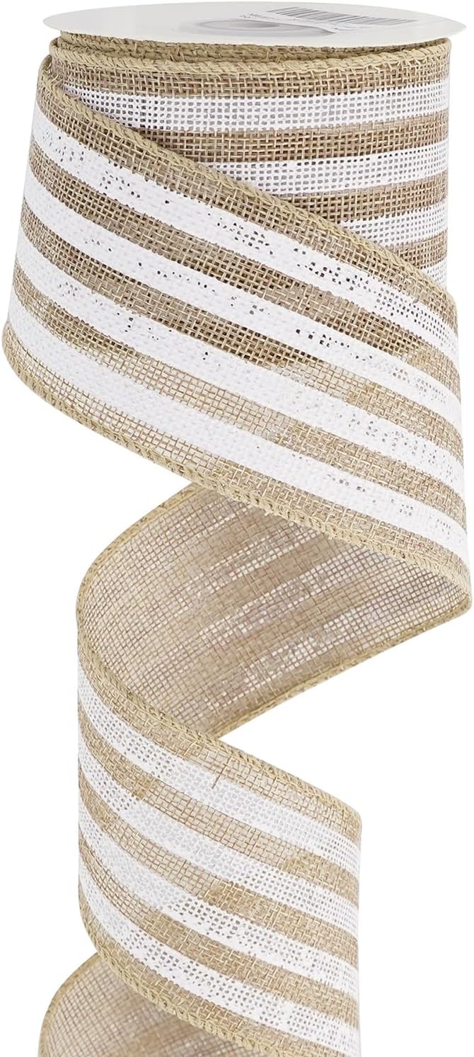 MEEDEE Burlap Wired Ribbon with White Stripe - 2.5 Inch Wired Ribbon for Cakes, Gift Baskets, Wreaths, Rustic Decor, Baby Showers, Beach, Farmhouse, 10 Yards - Crafty Corner
