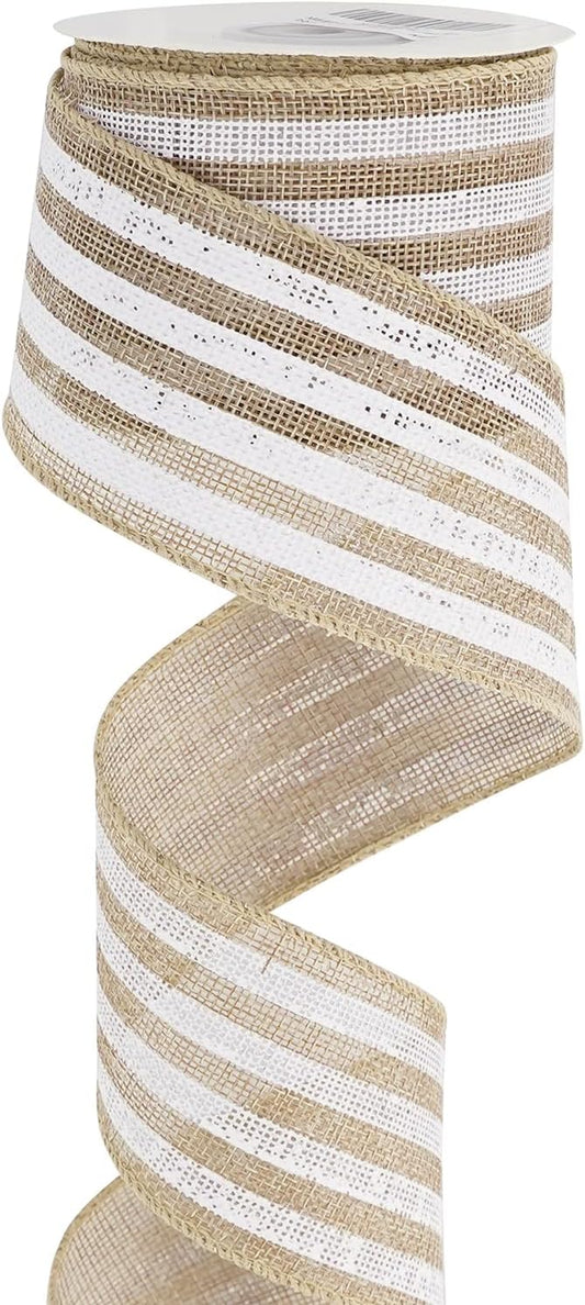 MEEDEE Burlap Wired Ribbon with White Stripe - 2.5 Inch Wired Ribbon for Cakes, Gift Baskets, Wreaths, Rustic Decor, Baby Showers, Beach, Farmhouse, 10 Yards - Crafty Corner