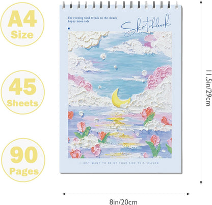 Cute Sketchbook with Blue Cover 8 x 11.5 - Sketchbook for Drawing Spiral Bound, 45 Sheets (90 Pages) 68lb/100gsm - Acid-Free Sketch Pad for Teens, Adults, Artists, Sketch Book for Kids Ages (Blue)