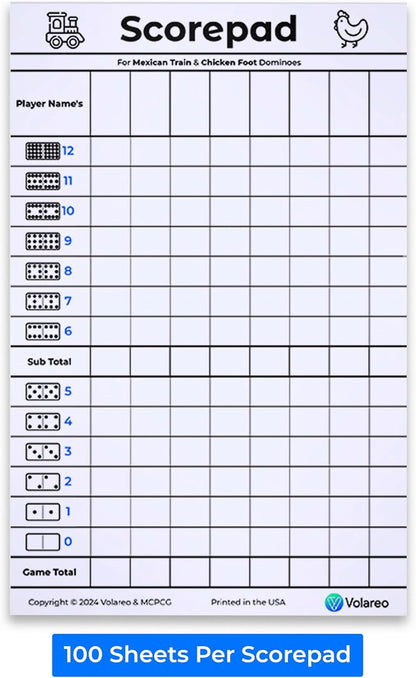 Mexican Train and Chicken Foot Dominoes Score Pad - 100 Scoring Sheets per Scorepad, 8.5 x 5.5 Inches - Score Sheets for Double 12 Domino Sets, White, VO-320