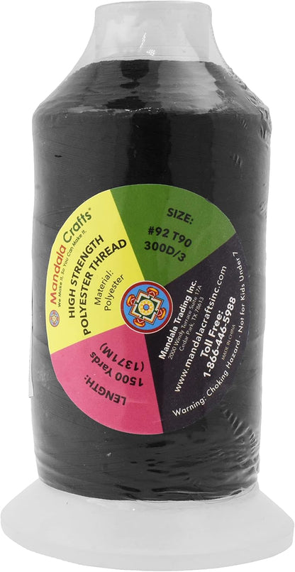 Mandala Crafts Black Heavy Duty Thread - 1500 Yds Tex 90 for Sewing, Drapery, Jeans, Leather, Hair, Bonded Polyester Outdoor Marine Upholstery