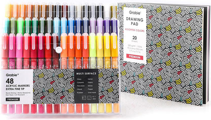 Grabie Acrylic Paint Pens Markers, 48 Colors, 0.7 mm, Extra Fine Tip Drawing Markers, Premium Paint Pens for Painting on Various Surface, Art Supplies, Set of 48